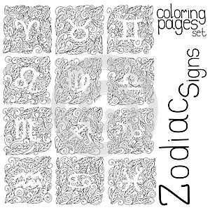 Set of coloring pages zodiac signs drawing using doodle motifs, foliage patterns and negative space, vector outline illustrations