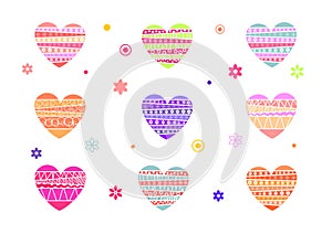 A set of coloured hearts for Valentines Day, Valentine card. A Valentines Day illustration, background, a frame for banners.