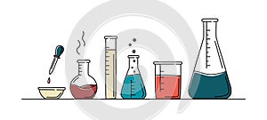 Set of colourful chemical flasks in doodle style