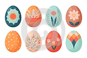 Set of Colourful Floral Decorated Easter Eggs isolated on white background. Flat style. Vector