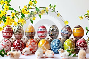 A set of colourful hand-painted Easter eggs presented on a white background.