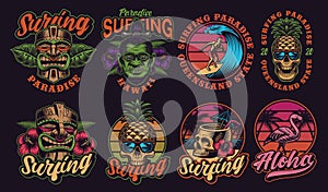 Set of colourful Hawaii surfing illustrations on a dark background