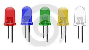 Set of Colourful LED Bulbs Vector Art. Red Led, Blue Led, Gree Led, Yellow Led, White Led. Light Emitting Diodes.