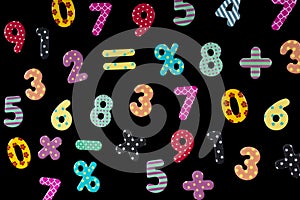 A set of colourful numbers and math symbols. Education concept