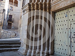 set of columns of the main entrance of the monastery of vallbona de les monges, lerida, spain, europe