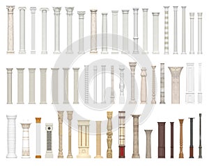 A set of columns and pillars of different styles. Architectural warrant on white background. 3D visualization.