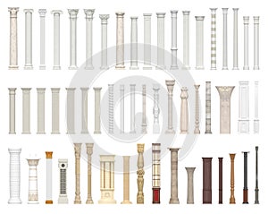 A set of columns and pillars of different styles. Architectural warrant on white background. 3D visualization. photo