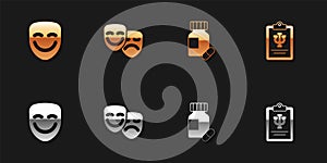 Set Comedy theatrical mask, and tragedy masks, Sedative pills and Psychology, Psi icon. Vector