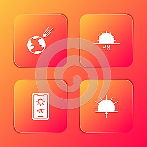 Set Comet falling down fast, Sunset, Weather forecast and Sunrise icon. Vector