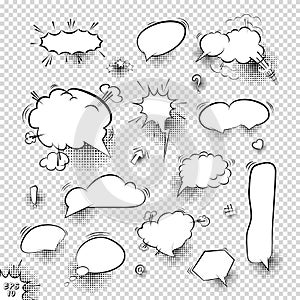 A set of comic bubbles and elements with halftone shadows