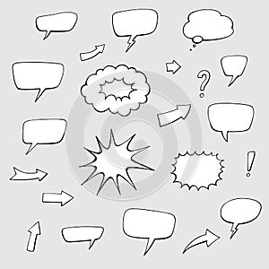 Set of comic doodles, hand drawn speech bubbles