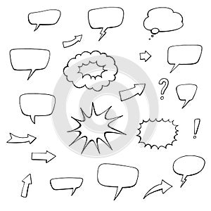 Set of comic doodles, hand drawn speech bubbles