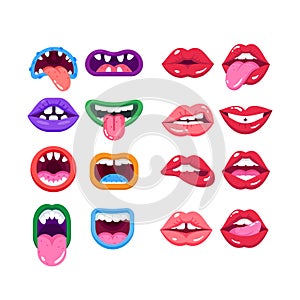 Set comic monster mouth with teeth, realistic human woman lips.