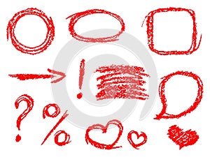 Set of comic red design elements. Crayon chalk hand drawn frame, heart, speech bubble, arrow