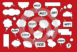 Set of comic speech balloons on red background. Vector Illustration