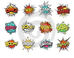 Set of comic speech bubble speech. Bomb with bang and pow cloud, wow and wtf communication symbol. photo
