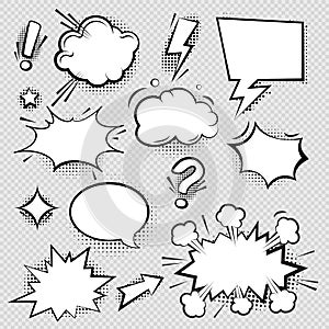 Set of comic speech bubbles and elements with halftone shadow effect in transparent background. Comic bubble collection