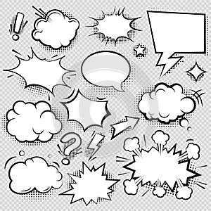 Set of comic speech bubbles and elements with halftone shadow effect in transparent background. Comic bubble collection