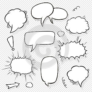 Set of comic speech bubbles and elements with halftone shadows. Cartoon style. Vector illustration in black and white