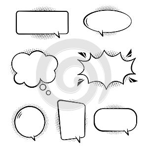 Set of comic speech bubbles. Retro empty bubbles with black halftone shadows on transparent background. Effects in pop art style.