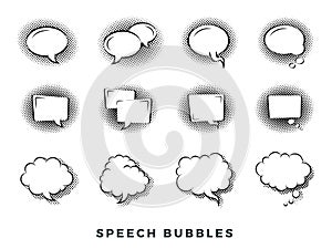 Set of comic speech bubbles vector flat icons. Vintage design, pop art style. Black and white.