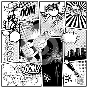 Set of comics speech and explosion bubbles on a book page background. Super hero, rocket, city silhouette firework