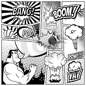 Set of comics speech and explosion bubbles on a book page background. Super hero, rocket, city silhouette firework