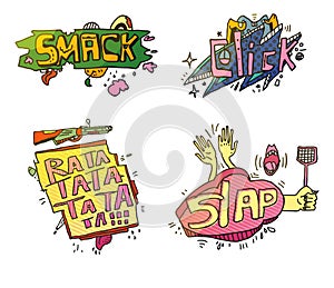 Set of comix cartoon exclamations. Smack for crushing or smashing fruit with foot, cloud click for fingers on mouse photo