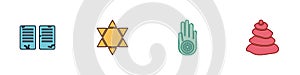 Set The commandments, Star of David, Jainism or Jain Dharma and Stack hot stones icon. Vector