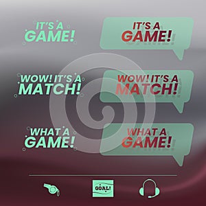 A set of commentary remarks dedicated to a sporting event. Speech bubble with comments, icons whistle, goal, headphones with a