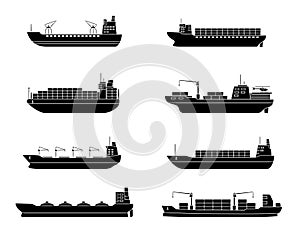 Set of commercial cargo ships. Sea transportation vehicle. Transport boat.