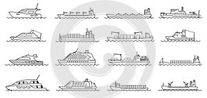 Set of commercial cargo ships. Sea transportation vehicle. Transport boat.