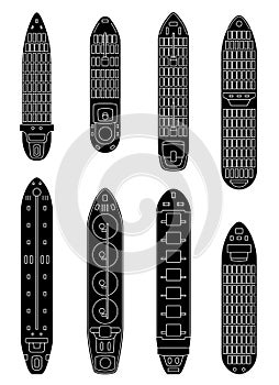 Set of commercial cargo ships. Sea transportation vehicle. Transport boat.