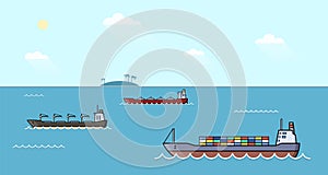 Set of commercial cargo ships. Sea transportation vehicle. Water logistics. Transport boat.