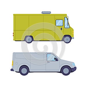 Set of commercial delivery vans, side view cartoon vector illustration