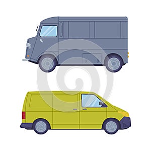 Set of commercial vans. Side view of green and gray delivery trucks cartoon vector illustration