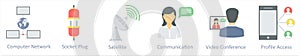 A set of 6 communication icons as computer network, socket plug, satellite