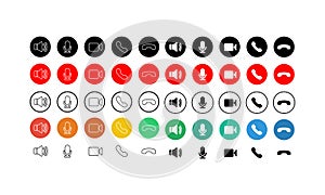 Set of communication icons button. Phone, sound, microphone, camera, call symbols on isolated white background for applications,