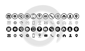 Set of communication icons set. Phone, mobile phone, retro phone, location, mail and web site symbols on isolated white background