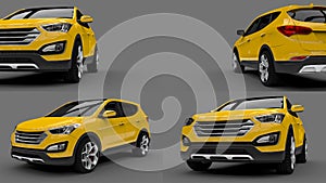 Set compact city crossover yellow color on a gray background. 3d rendering.