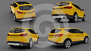 Set compact city crossover yellow color on a gray background. 3d rendering.