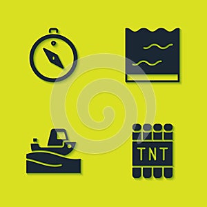 Set Compass, Detonate dynamite bomb stick, Fishing boat water and Aquarium icon. Vector