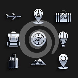 Set Compass, Egypt pyramids, Map pin, Hot air balloon, Suitcase for travel, Hiking backpack, and stickers and Plane icon