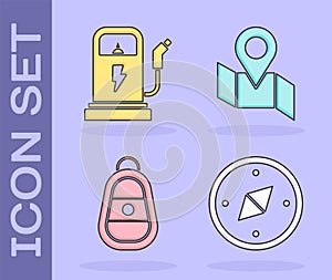 Set Compass, Electric car charging station, Car key with remote and Folded map with location marker icon. Vector