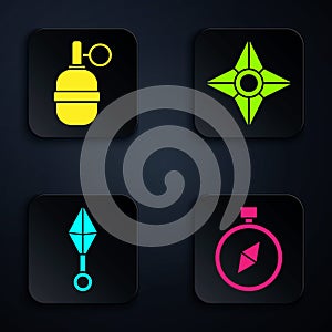 Set Compass, Hand grenade, Japanese ninja shuriken and Japanese ninja shuriken. Black square button. Vector