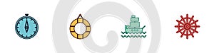 Set Compass, Lifebuoy, Ship and steering wheel icon. Vector