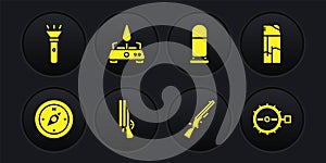 Set Compass, Lighter, Shotgun, Bullet, Camping gas stove, Trap hunting and Flashlight icon. Vector