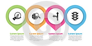 Set Compass, Magnifying glass with globe, Road traffic sign and Traffic light. Business infographic template. Vector