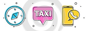 Set Compass, Map pointer with taxi and Taxi call telephone service icon. Vector