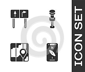 Set Compass on mobile, Road traffic sign, City map navigation and Push pin icon. Vector